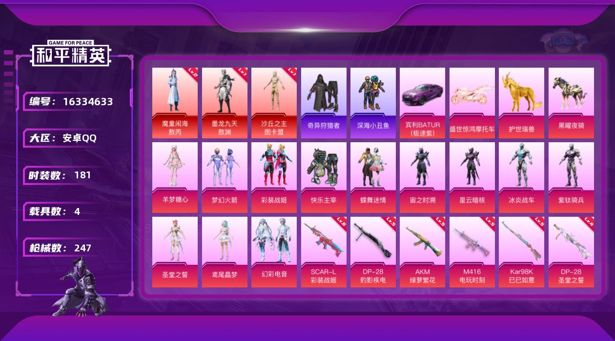 和平精英账号安卓QQ[16334633]安卓 手Q-4神装-13粉装-14特效枪-4载具-12粉色飞行器-89847热力值-8王牌印记-181套装-247枪皮
【红色神装等级】：暮色玫影-艾丽娅(二级)，魔童闹海-敖丙(