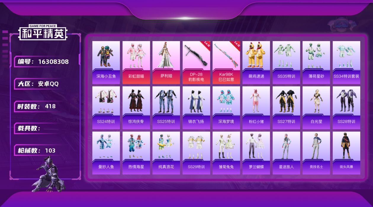 和平精英账号安卓QQ[16308308]实名: 可修改 时装数: 107 枪械数: 103 战备数: 103 热门装扮: