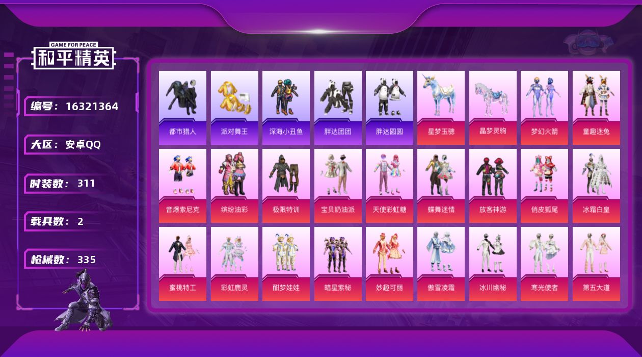 和平精英账号安卓QQ[16321364]安卓 手Q-29粉装-14特效枪-2载具-16粉色飞行器-127026热力值-20王牌印记-311套装-335枪皮
【热门品类】：粉装-梦幻火箭，粉装-童趣迷兔，粉装-音爆索尼克，