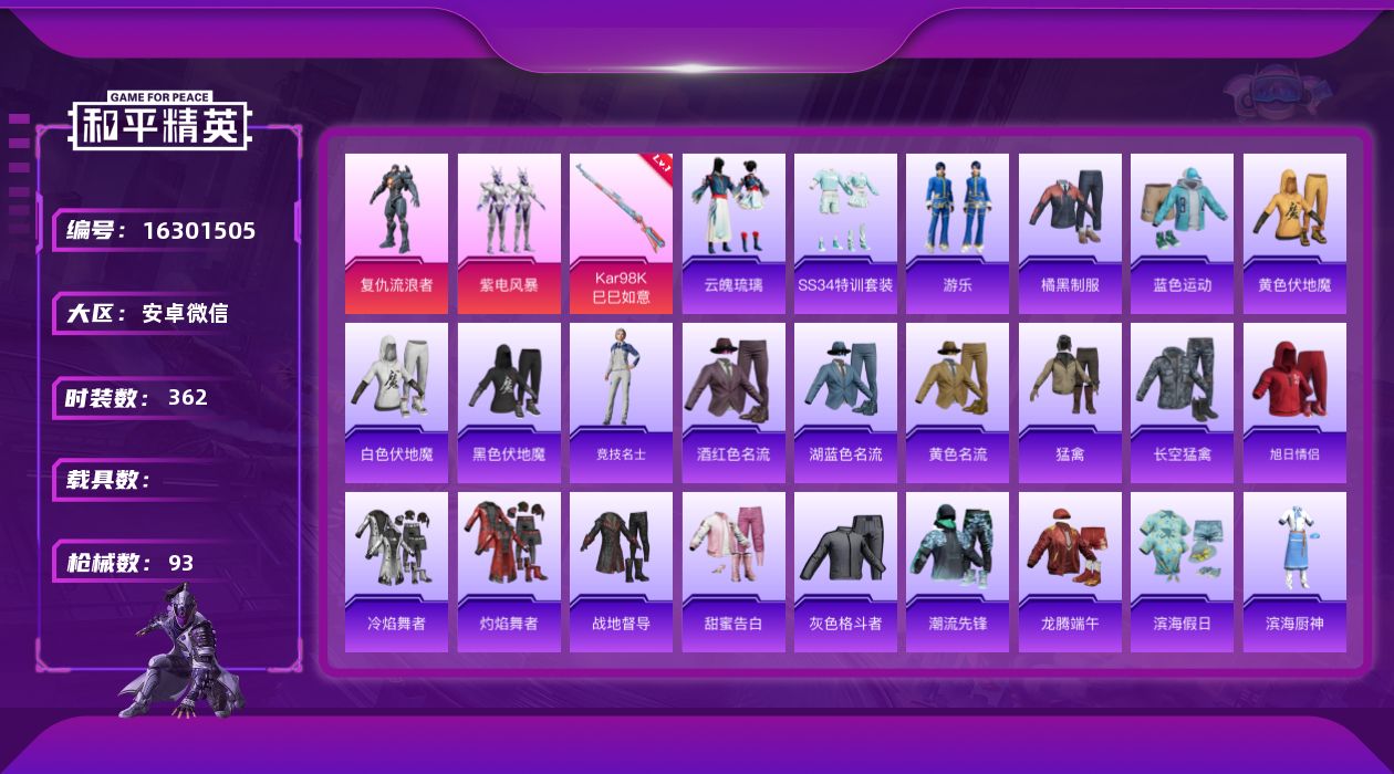 和平精英账号安卓微信[16301505]2粉装 1特效枪 0.0载具 6印记 可二次 
【热门装扮】复仇流浪者,紫电风暴