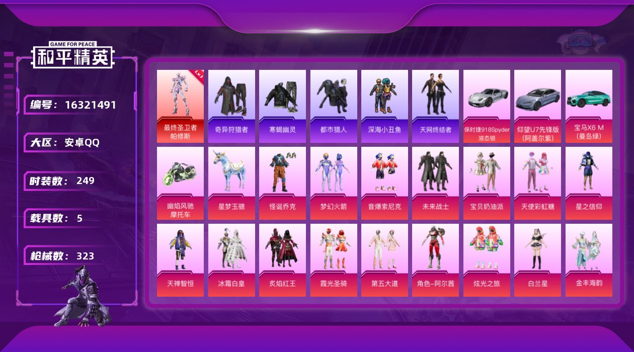 和平精英账号安卓QQ[16321491]安卓 手Q-1神装-20粉装-14特效枪-5载具-6粉色飞行器-119458热力值-16王牌印记-249套装-323枪皮
【红色神装等级】：最终圣卫者-帕修斯(一级)
【红色角色神