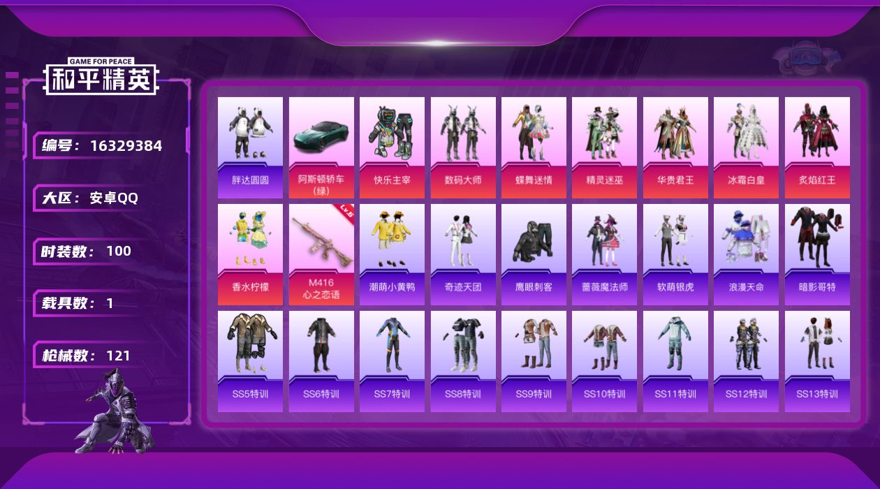 和平精英账号安卓QQ[16329384]安卓 手Q-港澳-8粉装-1特效枪-1载具-3粉色飞行器-46344热力值-3王牌印记-100套装-121枪皮
【热门品类】：套装-浪漫天命，套装-胖达圆圆，套装-潮萌小黄鸭，套装