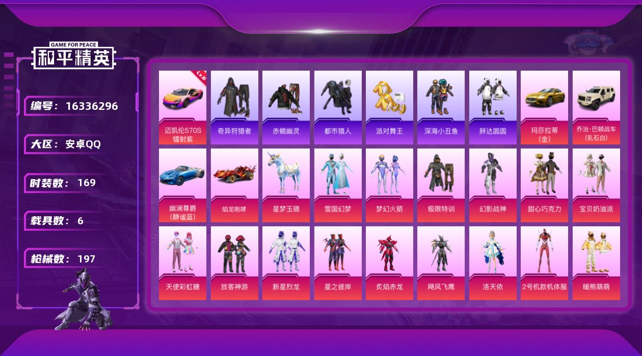 和平精英账号安卓QQ[16336296]【特价出售/店主推荐】 安卓 手Q-26粉装-10特效枪-6载具-6粉色飞行器-85845热力值-9王牌印记-169套装-197枪皮【红色载具】：迈凯伦570S（镭射紫）(六级)【