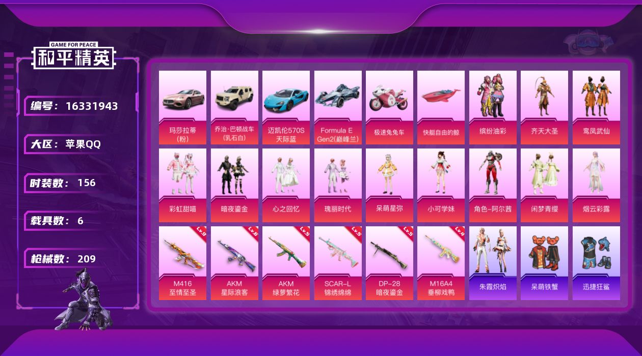 和平精英账号苹果QQ[16331943]【特价出售/店主推荐】苹果 手Q-12粉装-6特效枪-6载具-5粉色飞行器-7.6w热力值-14王牌印记-156套装-209枪皮【热门品类】：粉装-缤纷油彩，套装-龟仙人，套装-粉