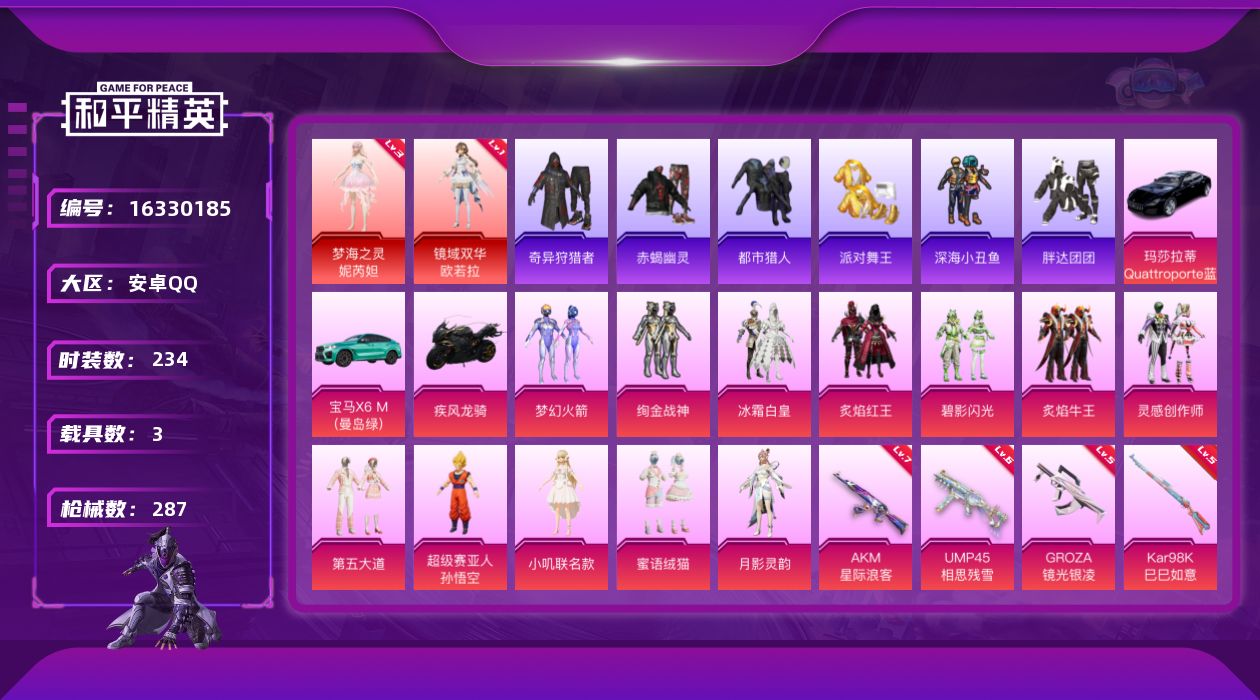 和平精英账号安卓QQ[16330185]安卓 手Q-赤蝎金鞋都市！无敌战神框-地铁满天赋！2神装-12粉装-10特效枪-3载具-8粉色飞行器-104295热力值-15王牌印记-234套装-287枪皮
【红色神装等级】：梦