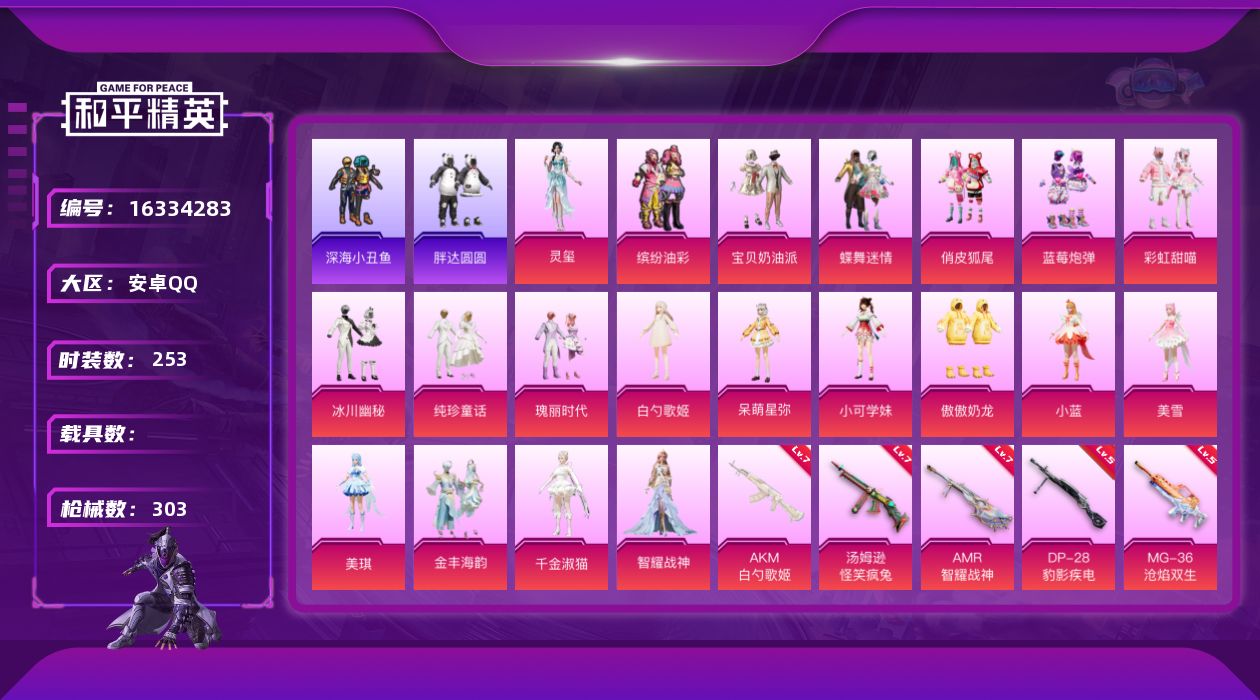 和平精英账号安卓QQ[16334283]安卓 手Q-21粉装-14特效枪-0载具-9粉色飞行器-105862热力值-16王牌印记-253套装-303枪皮
【热门品类】：粉装-缤纷油彩，套装-浪漫天命，套装-深海小丑鱼，套