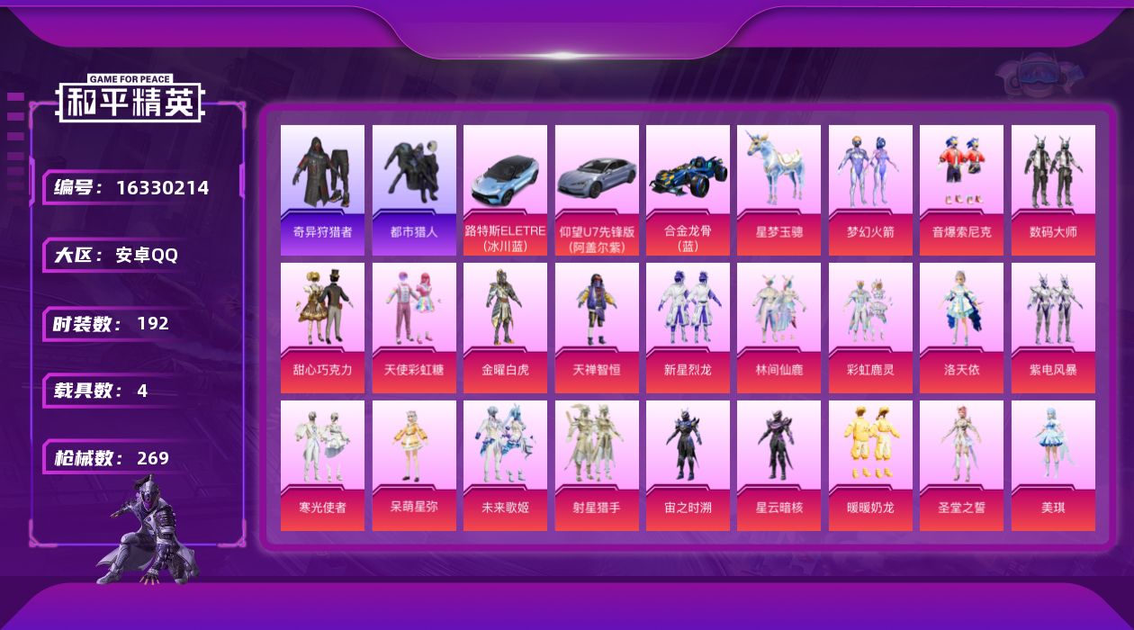 和平精英账号安卓QQ[16330214]安卓 手Q-觉醒螳螂熊包-26粉装-11特效枪-4载具-1僚机-12粉色飞行器-101449热力值-15王牌印记-192套装-269枪皮
【热门品类】：粉装-梦幻火箭，粉装-音爆索