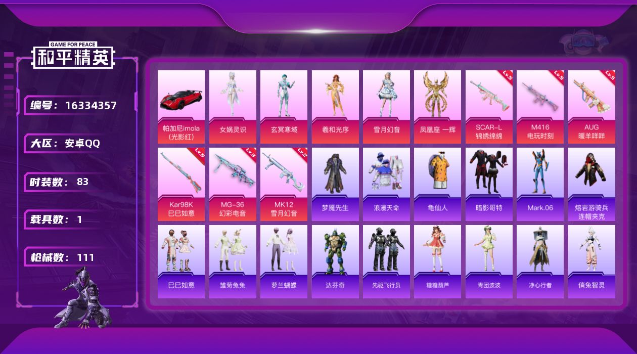 和平精英账号安卓QQ[16334357]安卓 手Q-6粉装-6特效枪-1载具-1粉色飞行器-31770热力值-2王牌印记-83套装-111枪皮
【热门品类】：套装-浪漫天命，套装-龟仙人，套装-暗影哥特，角色-Mark.