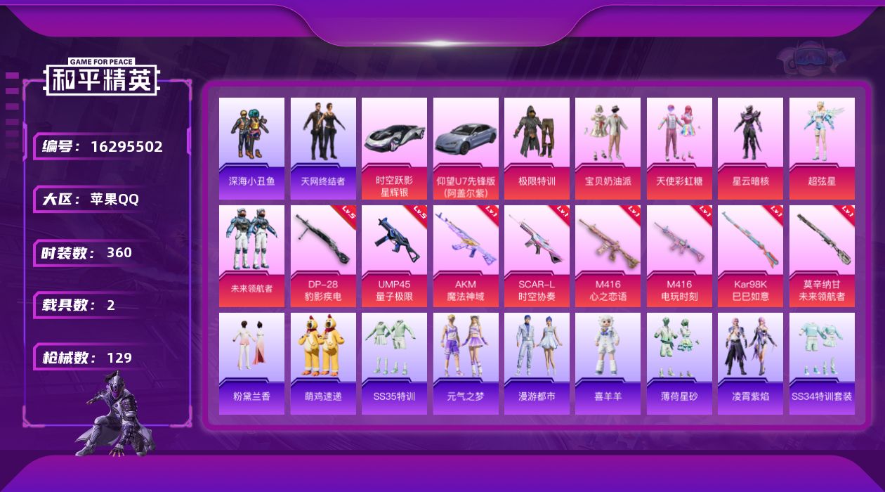 和平精英账号苹果QQ[16295502]6粉装 8特效枪 2载具 4印记 可二次 可修改实名 
【热门装扮】:未来领航者