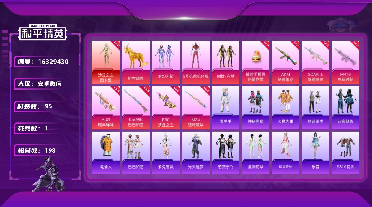 和平精英账号安卓微信[16329430]安卓 微信-1神装-3粉装-8特效枪-1载具-10粉色飞行器-55785热力值-8王牌印记-95套装-198枪皮
【红色神装等级】：沙丘之主-图卡盟(二级)
【红色角色神装】：沙丘