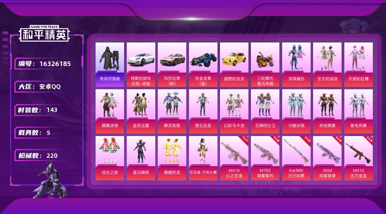 和平精英账号安卓QQ[16326185]安卓 手Q-16粉装-8特效枪-5载具-3粉色飞行器-78972热力值-13王牌印记-143套装-220枪皮
【热门品类】：套装-奇异狩猎者，套装-浪漫波比，套装-粉红小猪
【粉色