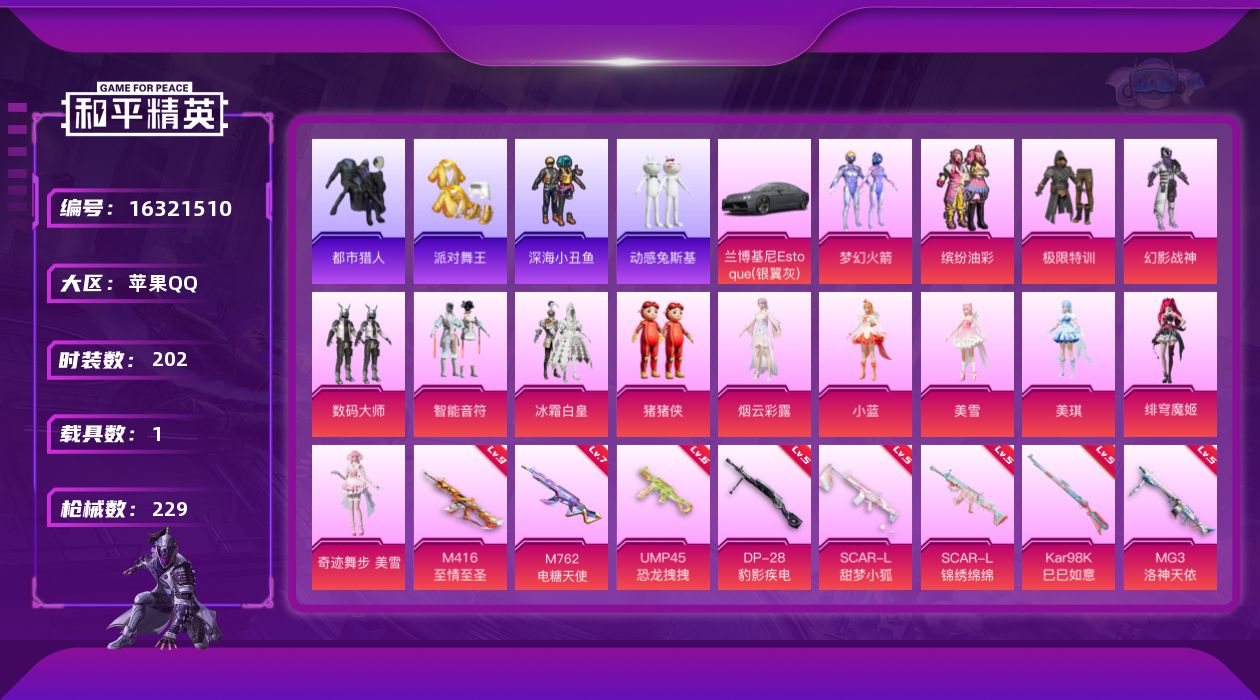 和平精英账号苹果QQ[16321510]苹果 手Q-无敌战神框-14粉装-8特效枪-1载具-3粉色飞行器-82815热力值-13王牌印记-202套装-229枪皮
【热门品类】：粉装-梦幻火箭，粉装-缤纷油彩，套装-浪漫天