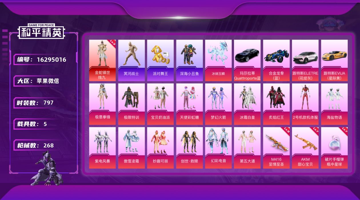 和平精英账号苹果微信[16295016]1红装 15粉装 12特效枪 5载具 19印记 可二次 可修改实名 
【三级神装