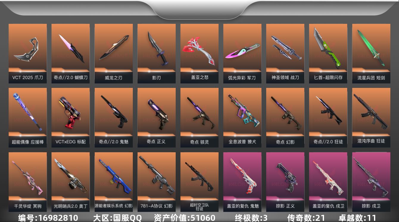 无畏契约账号QQ[16982810]21橙皮 3金皮 11紫皮 132皮肤 28英雄 175卡面 1620已用源晶 