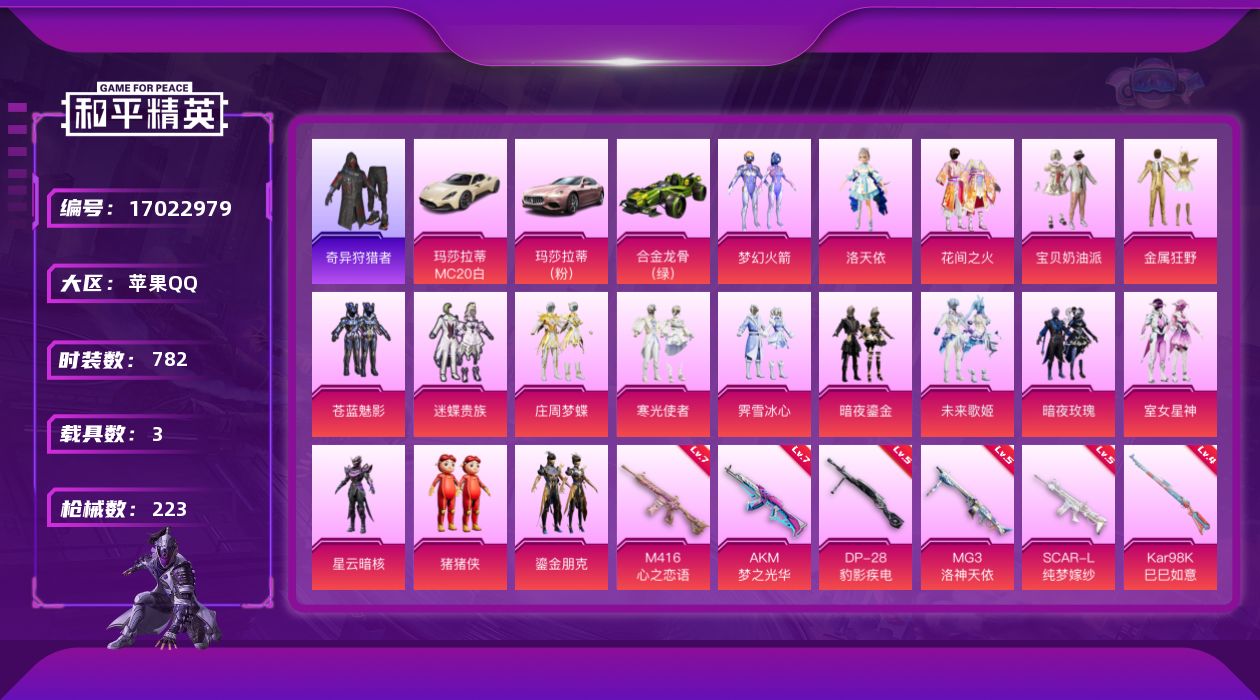 和平精英账号苹果QQ[17022979]时装数: 782 载具数: 3 枪械数: 223 战备数: 171 热门装扮: 