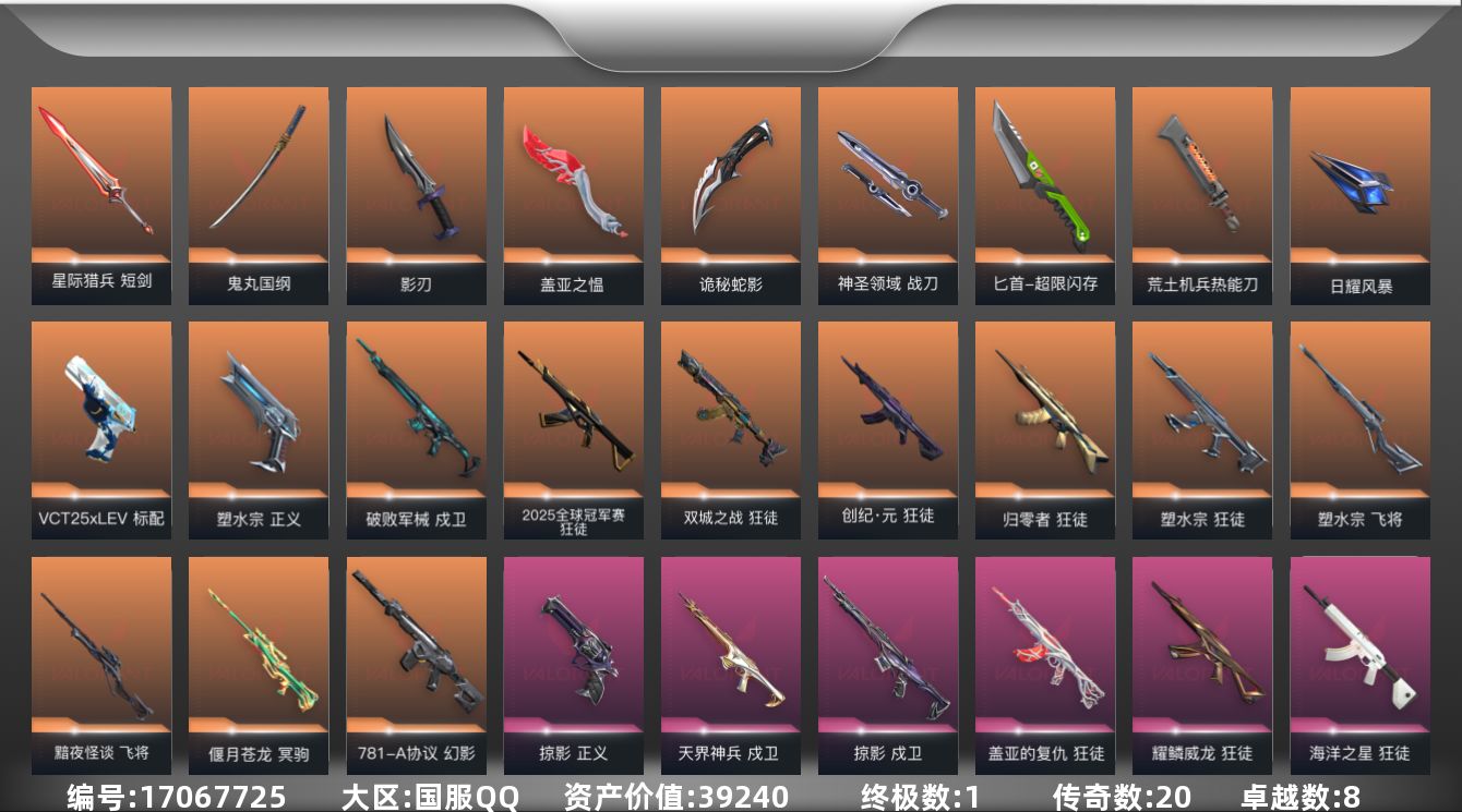 无畏契约账号QQ[17067725]20橙皮 1金皮 8紫皮 106皮肤 28英雄 129卡面 1370已用源晶 铂