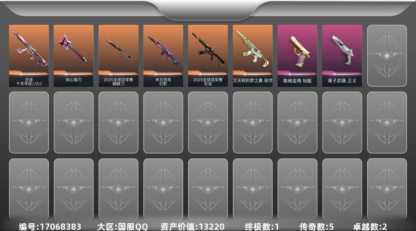 无畏契约账号QQ[17068383]5橙皮 1金皮 2紫皮 20皮肤 17英雄 35卡面 260已用源晶 未定级段位