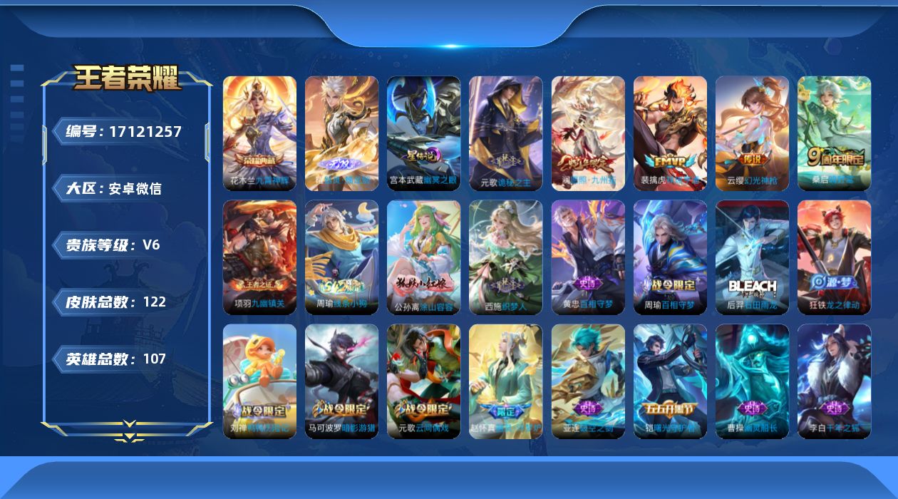 王者荣耀账号安卓VX107英雄-122皮肤-V场景功能限制 1.3万战小国元歌 6金标5个万战-V6-1典藏1无双5传说
