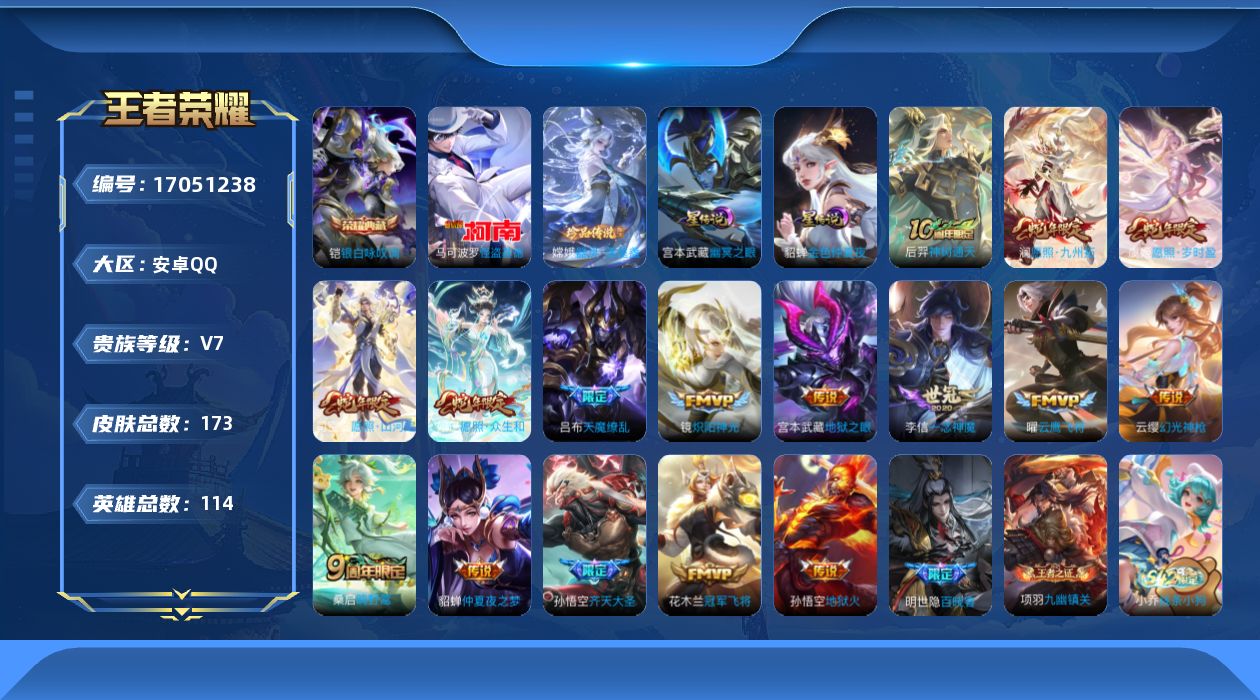 王者荣耀账号安卓QQ114英雄-173皮肤-【精品号手慢无】性价比贵7 9个性按键 星传说 幽冥之眼 金色仲夏夜 历史2