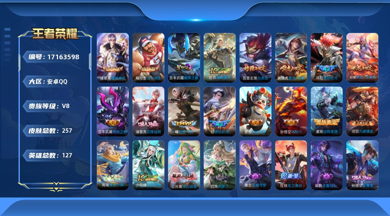 王者荣耀账号安卓QQ127英雄-257皮肤--V8-2典藏13传说 打野37段 金标 程咬金 1星传说 幽冥之眼【典藏】