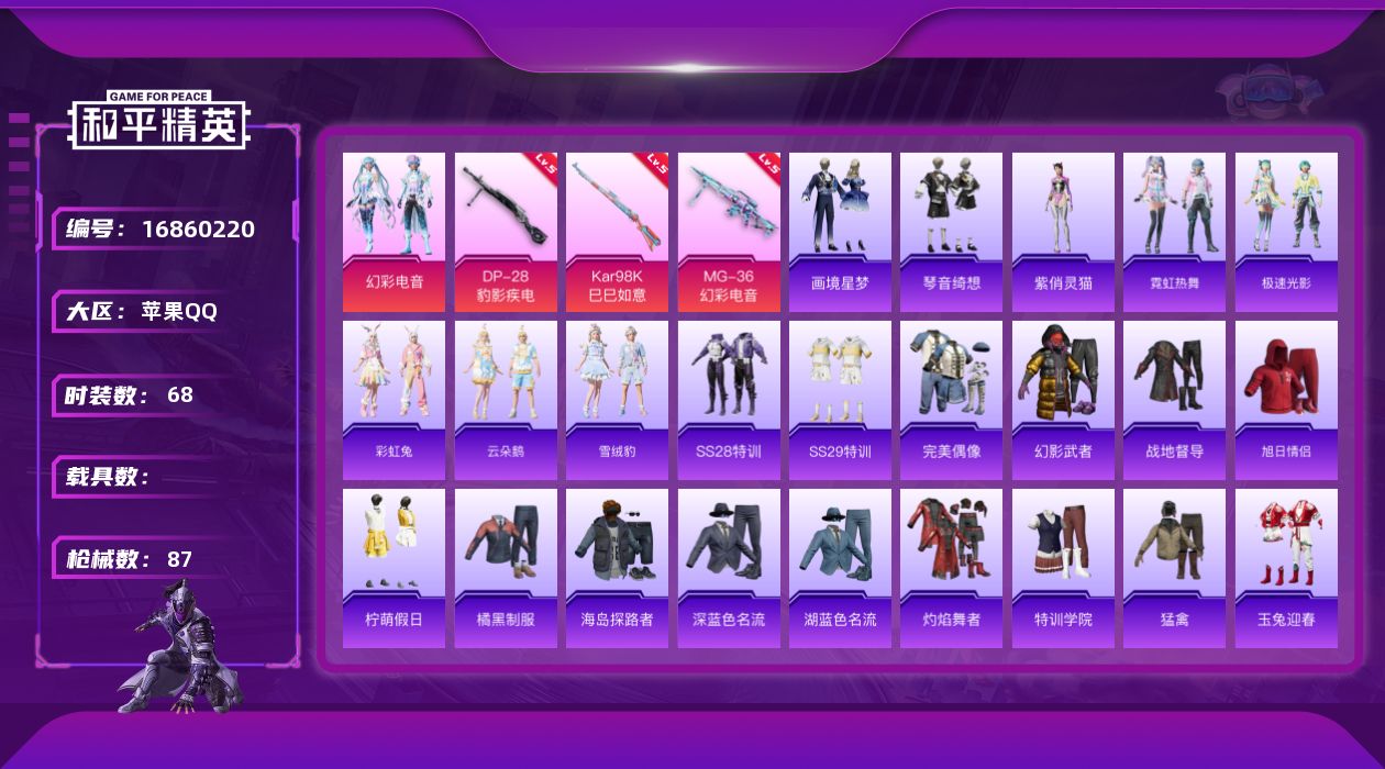 和平精英账号苹果QQ[16860220]苹果 手Q-1粉装-4特效枪-0载具-1粉色飞行器-23714热力值-4王牌印记-68套装-87枪皮
【粉色套装】：粉装-幻彩电音
【粉色枪皮等级】：AKS-74U-森灵之息(五级