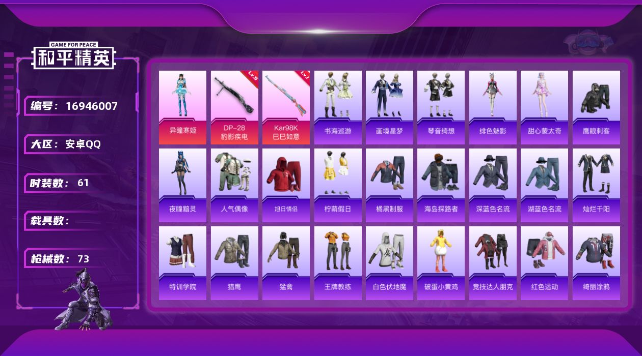 和平精英账号安卓QQ[16946007]安卓 手Q-1粉装-3特效枪-0载具-1粉色飞行器-17390热力值-4王牌印记-61套装-73枪皮
【粉色套装】：角色-异瞳寒姬
【粉色枪皮等级】：Kar98K-巳巳如意(一级)