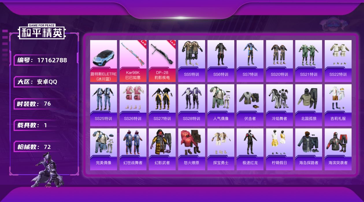和平精英账号安卓QQ[17162788]安卓 手Q-0粉装-2特效枪-1载具-1粉色飞行器-25224热力值-1王牌印记-76套装-72枪皮
【粉色枪皮等级】：Kar98K-巳巳如意(四级)，DP-28-豹影疾电(三级)