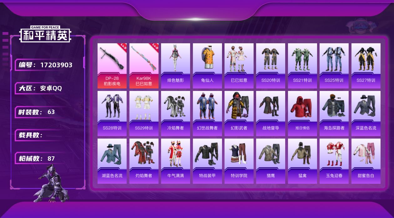 和平精英账号安卓QQ[17203903]安卓 手Q-1粉装-3特效枪-0载具-1粉色飞行器-21406热力值-2王牌印记-63套装-87枪皮
【热门品类】：套装-龟仙人
【粉色套装】：角色-虎痴许褚
【粉色枪皮等级】：K