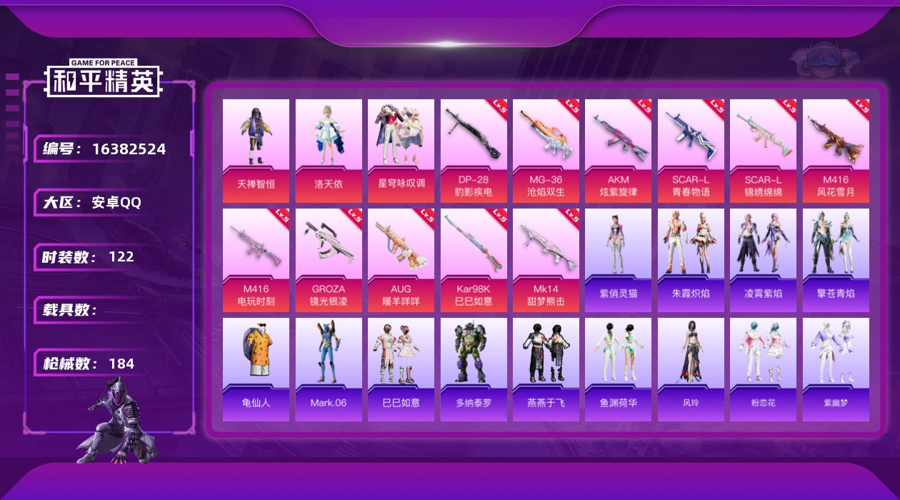 和平精英账号安卓QQ[16382524]安卓 手Q-3粉装-11特效枪-0载具-2粉色飞行器-57913热力值-18王牌印记-122套装-184枪皮
【热门品类】：套装-龟仙人，角色-Mark.06
【粉色套装】：粉装-