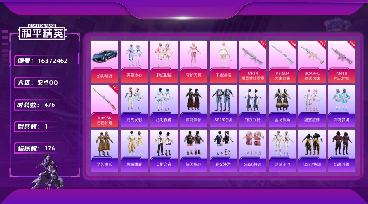 和平精英账号安卓QQ[16372462]实名: 可修改 时装数: 476 载具数: 1 枪械数: 176 战备数: 13