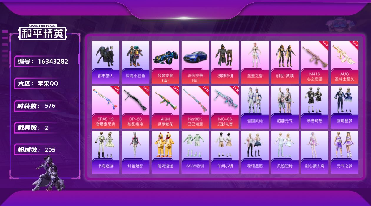 和平精英账号苹果QQ3粉装 7特效枪 2载具 16印记 可二次 
【热门装扮】极限特训,圣堂之誓,创世·救赎,鹰眼刺客,