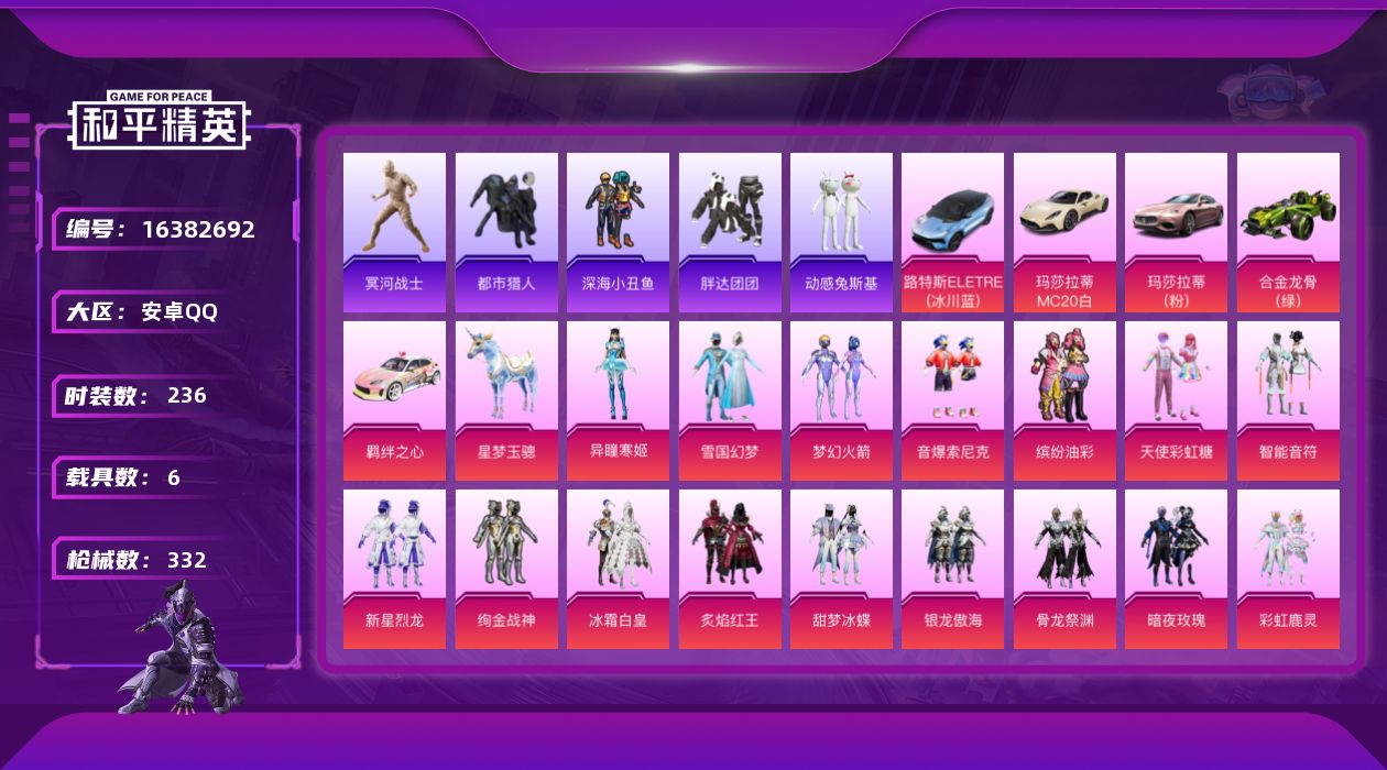 和平精英账号安卓QQ[16382692]安卓 手Q-21粉装-17特效枪-6载具-9粉色飞行器-126299热力值-17王牌印记-236套装-332枪皮
【热门品类】：粉装-雪国幻梦，粉装-梦幻火箭，粉装-音爆索尼克，粉