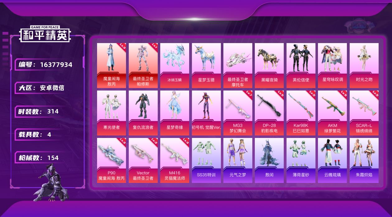 和平精英账号安卓微信[16377934]时装数: 86 载具数: 4 枪械数: 153 战备数: 113 热门装扮: 寒