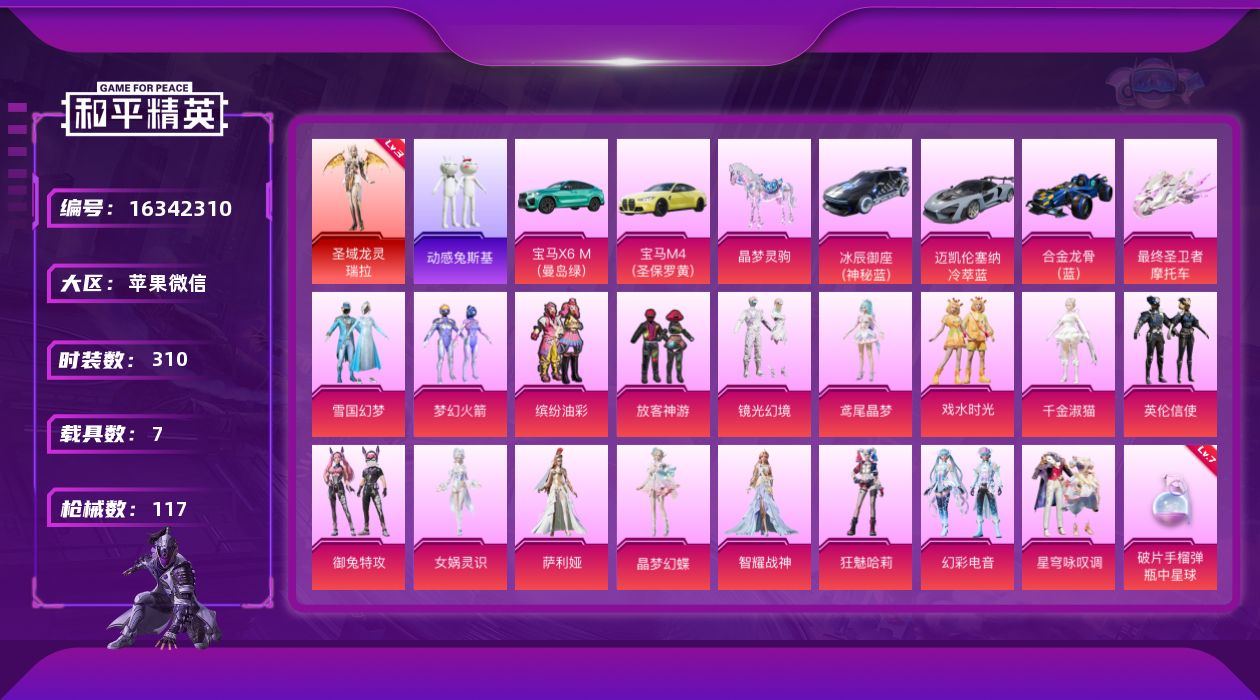 和平精英账号苹果微信[16342310]1红装 17粉装 11特效枪 7载具 4印记 可二次 可修改实名 
【三级神装】