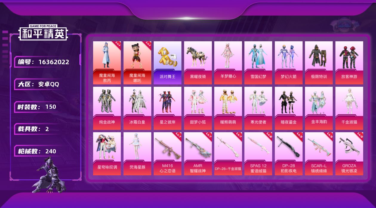 和平精英账号安卓QQ[16362022]【特价出售/店主推荐】安卓 手Q-2神装-16粉装-19特效枪-2载具-7粉色飞行器-84656热力值-11王牌印记-150套装-240枪皮
【红色神装等级】：魔童闹海-敖丙(一级