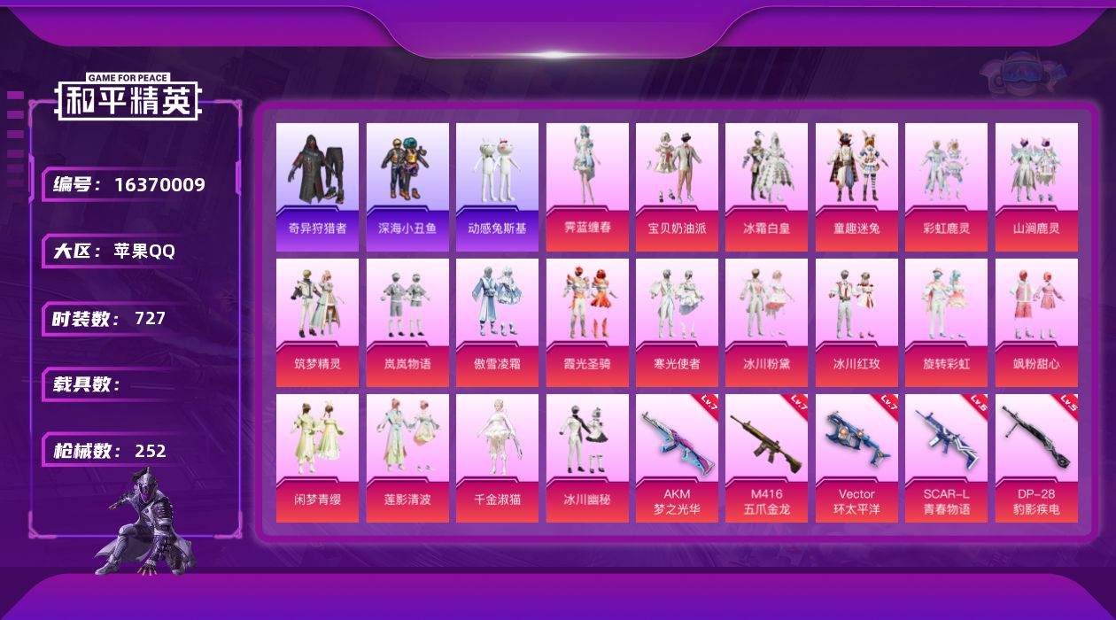 和平精英账号苹果QQ19粉装 7特效枪 11印记 可二次 
【热门装扮】奇异狩猎者,千金淑猫,霁蓝缠春,宝贝奶油派,童趣