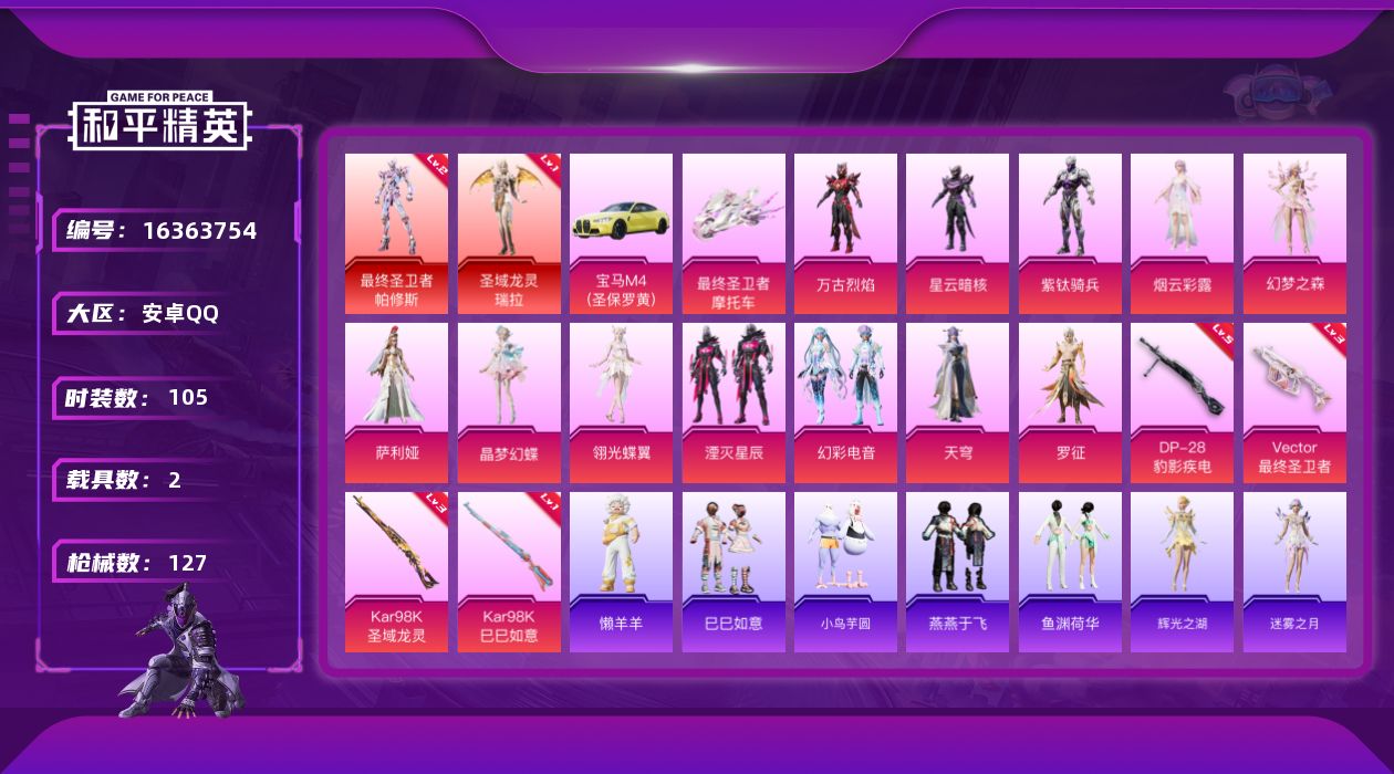 和平精英账号安卓QQ[16363754]【店主推荐捡漏号！可直接换绑】安卓 手Q-2神装-12粉装-4特效枪-2载具-5粉色飞行器-47850热力值-9王牌印记-105套装-127枪皮【红色神装等级】：最终圣卫者-帕修斯