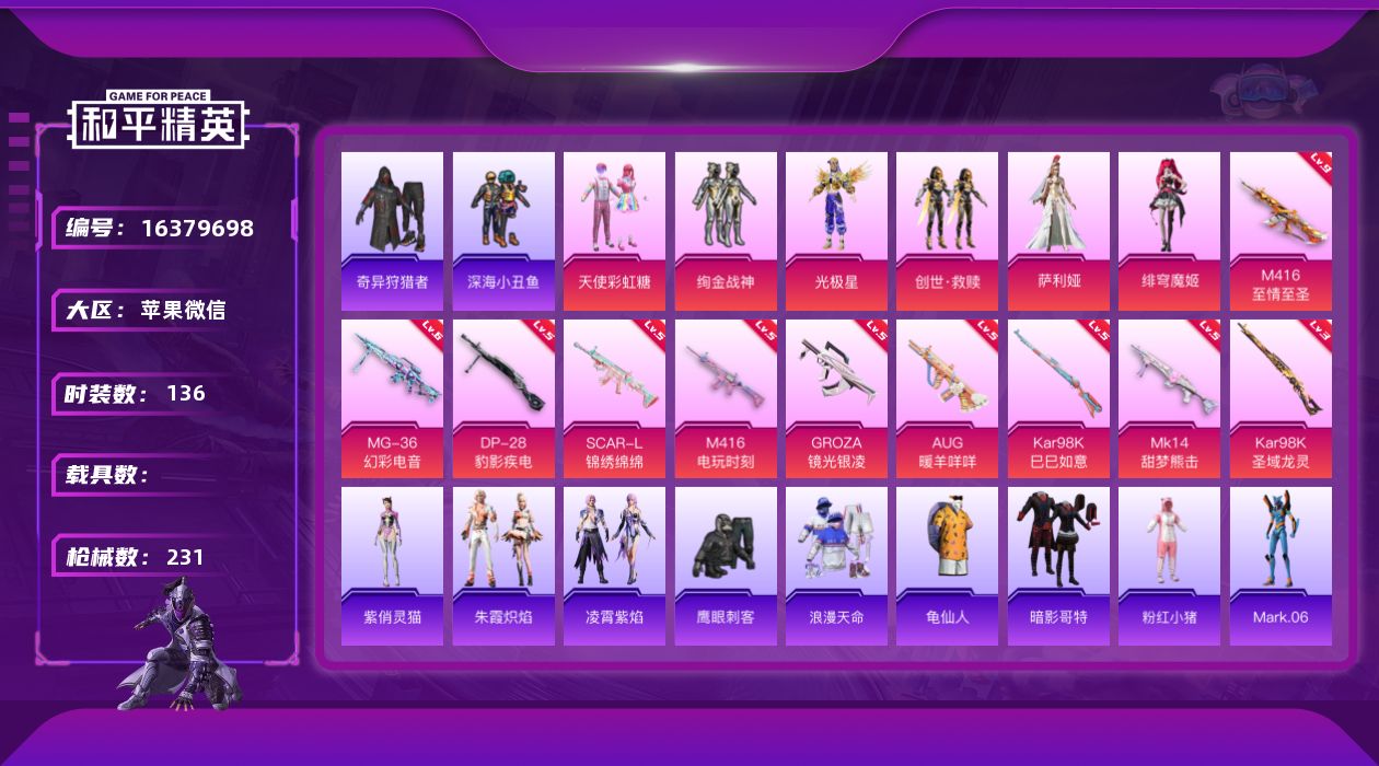 和平精英账号苹果微信[16379698]【特价出售/店主推荐】苹果 微信-6粉装-10特效枪-0载具-3粉色飞行器-68098热力值-16王牌印记-136套装-231枪皮
【热门品类】：套装-浪漫天命，套装-深海小丑鱼，