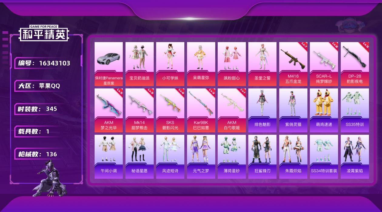 和平精英账号苹果QQ5粉装 8特效枪 1载具 9印记 可二次 可修改实名 
【热门装扮】宝贝奶油派,飒粉甜心,呆萌星弥,