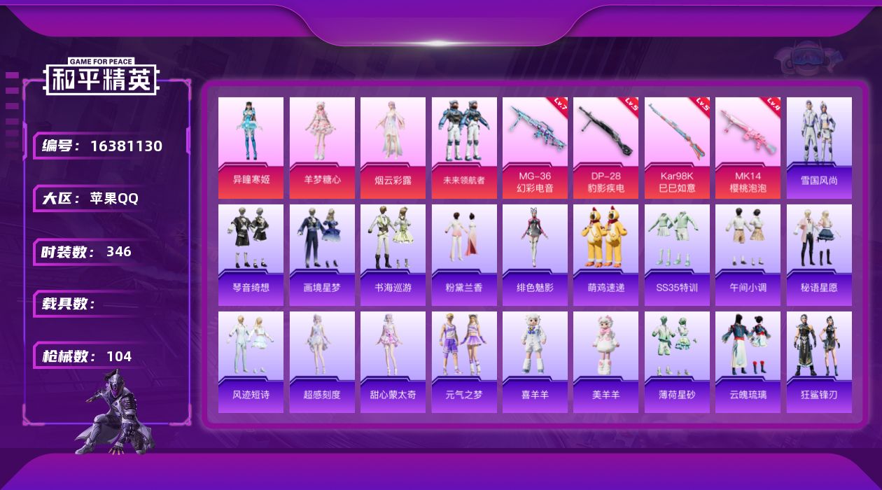 和平精英账号苹果QQ4粉装 4特效枪 9印记 可二次 可修改实名 
【热门装扮】未来领航者,羊梦糖心,异瞳寒姬,烟云彩露