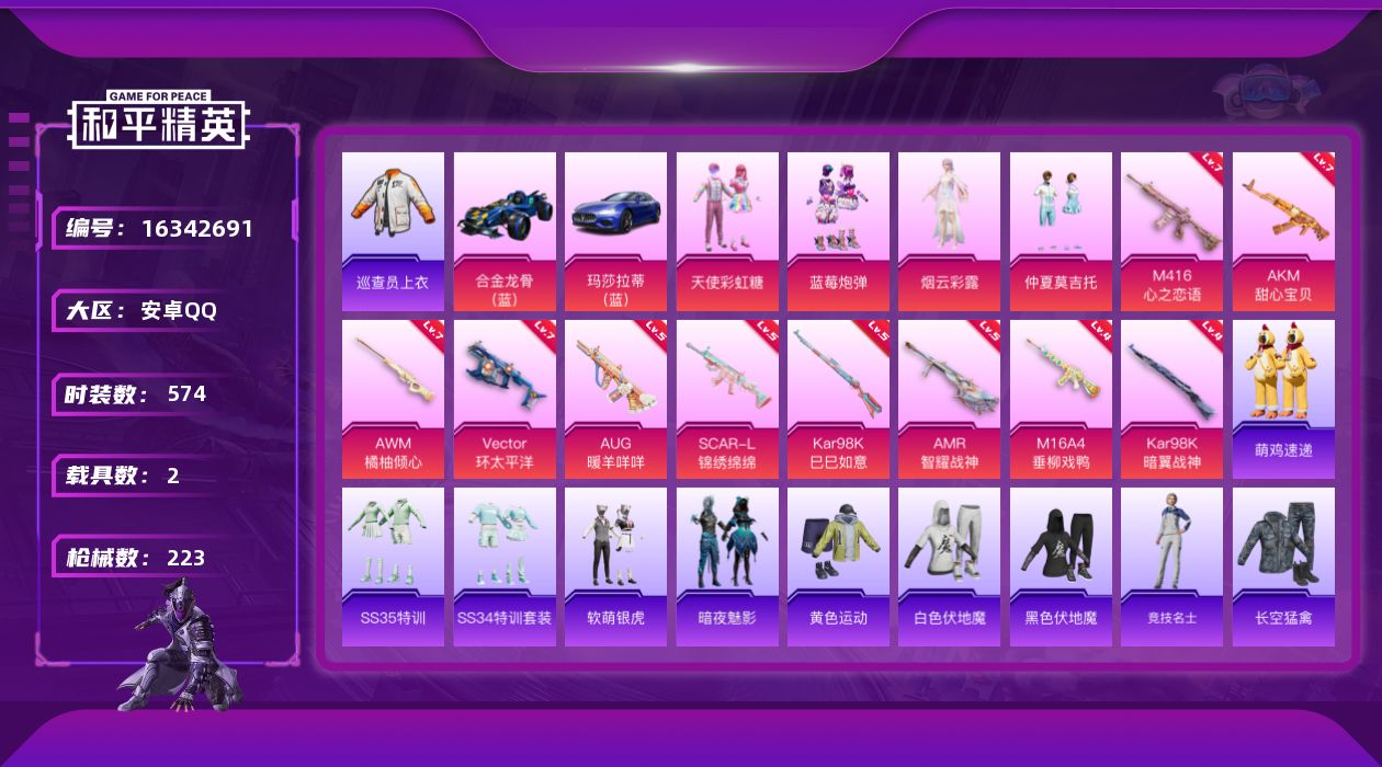 和平精英账号安卓QQ4粉装 10特效枪 2载具 19印记 可二次 
【热门装扮】巡查员衣服(绝对防御上衣),天使彩虹糖,