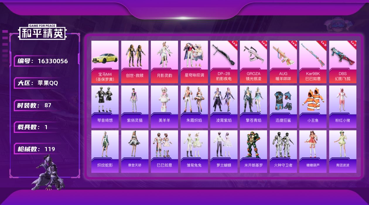 和平精英账号苹果QQ[16330056]【特价出售/店主推荐】苹果 手Q-3粉装-5特效枪-1载具-3粉色飞行器-3.6热力值-1王牌印记-87套装-119枪皮
【热门品类】：套装-小丑鱼，套装-粉红小猪
【粉色套装】：