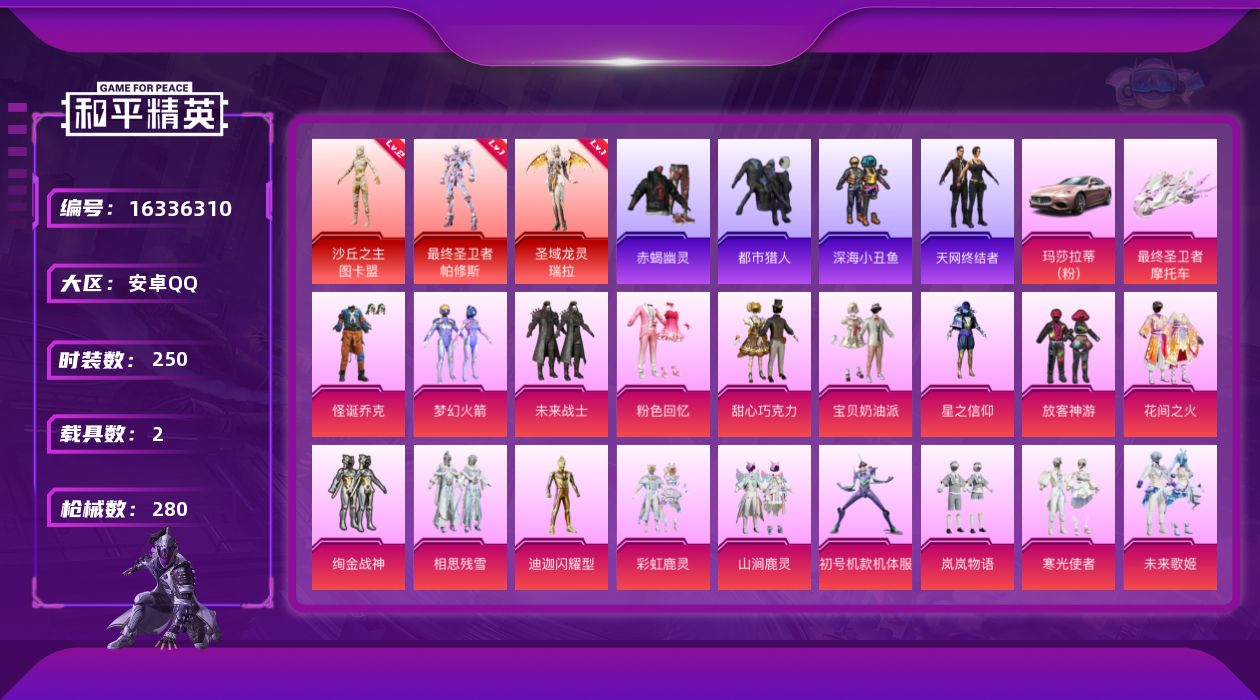 和平精英账号安卓QQ[16336310]【特价出售/店主推荐】安卓 手Q-3神装-21粉装-13特效枪-2载具-6粉色飞行器-104210热力值-9王牌印记-250套装-280枪皮
【红色神装等级】：最终圣卫者-帕修斯(