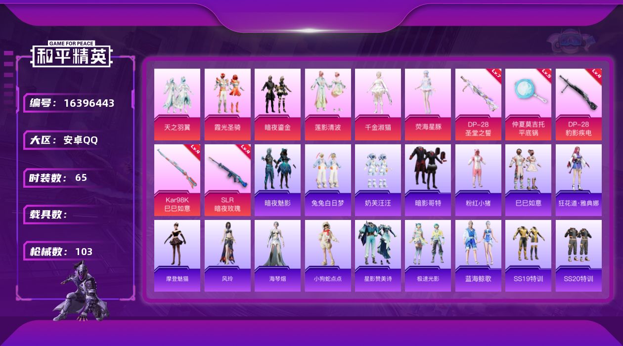 和平精英账号安卓QQ[16396443]安卓 手Q-6粉装-5特效枪-0载具-2粉色飞行器-34352热力值-5王牌印记-65套装-103枪皮
【热门品类】：套装-暗影哥特，套装-粉红小猪
【粉色套装】：粉装-天之羽翼，
