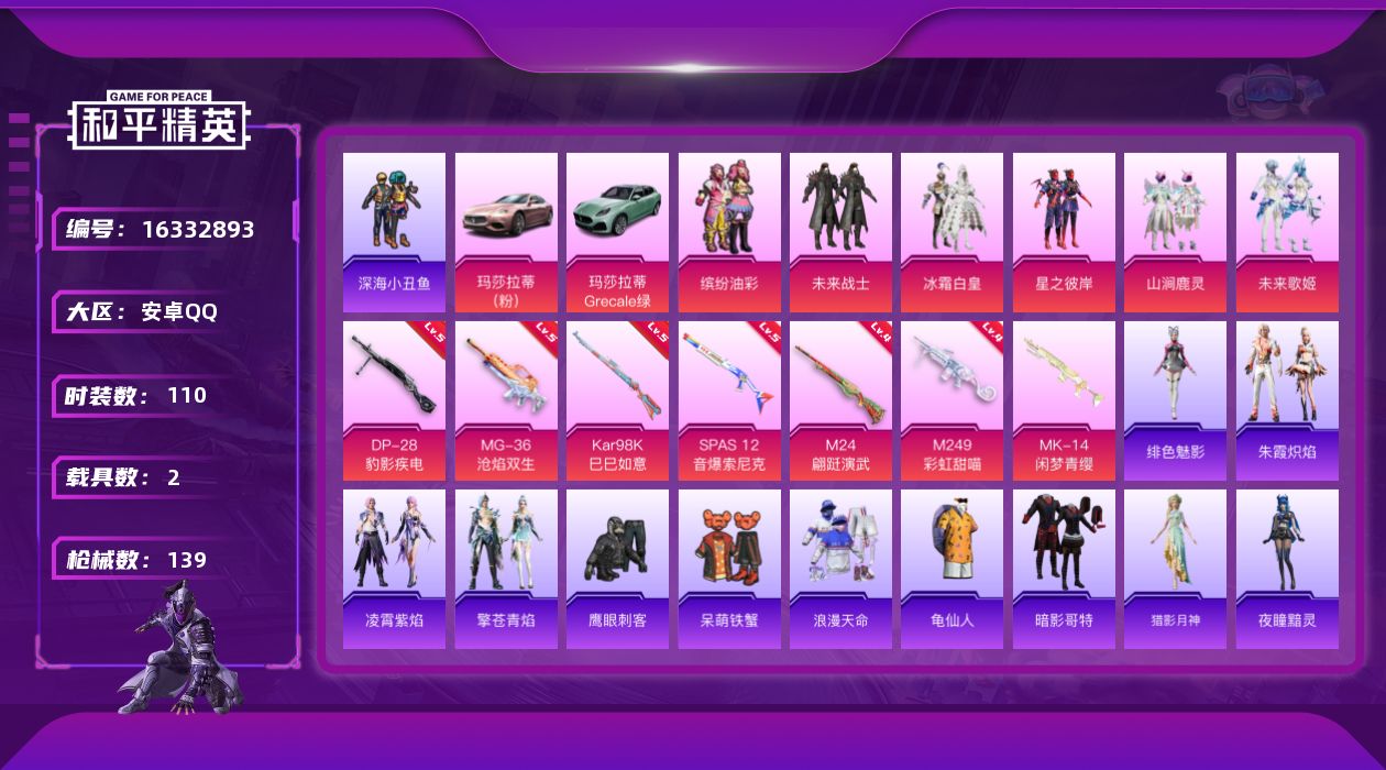 和平精英账号安卓QQ[16332893]【店主推荐捡漏号！可直接换绑】安卓 手Q-6粉装-7特效枪-2载具-1粉色飞行器-4.6w热力值-8王牌印记-110套装-139枪皮
【热门品类】：粉装-缤纷油彩，套装-浪漫天命，
