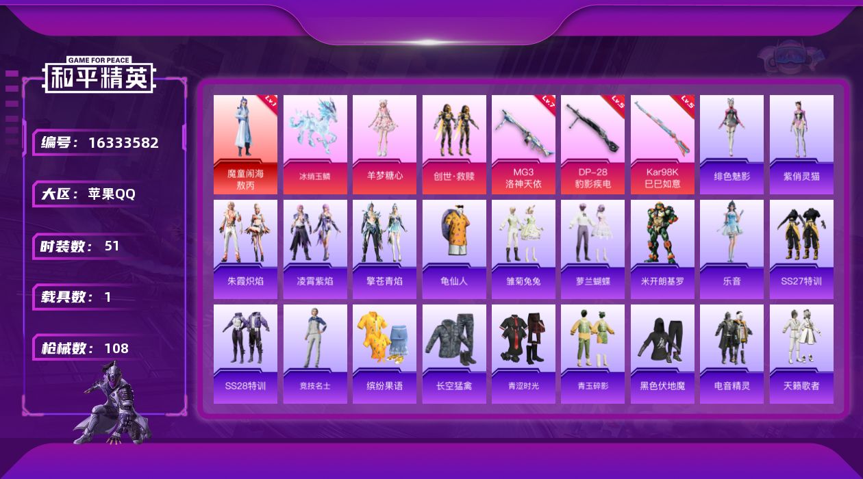 和平精英账号苹果QQ[16333582]【店主推荐捡漏号！可直接换绑】地铁满天赋 苹果 手Q-1神装-2粉装-3特效枪-1载具-5粉色飞行器-30667热力值-2王牌印记-51套装-108枪皮
【红色神装等级】：魔童闹海