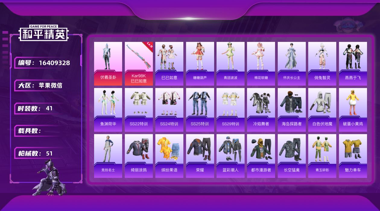 和平精英账号苹果微信[16409328]【特价出售/店主推荐】 苹果 微信-1粉装-1特效枪-0载具-0粉色飞行器-15640热力值-5王牌印记-41套装-51枪皮
【粉色套装】：角色-伏羲圣卦
【粉色枪皮等级】：Kar