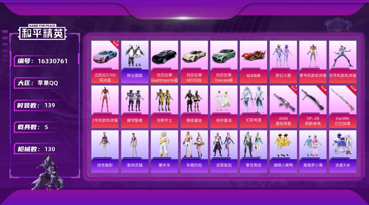 和平精英账号苹果QQ[16330761]【特价出售/店主推荐】苹果 手Q-9粉装-3特效枪-5载具-2粉色飞行器-5.2w热力值-14王牌印记-139套装-130枪皮
【红色载具】：迈凯伦570S（炫冰蓝）(五级)
【热