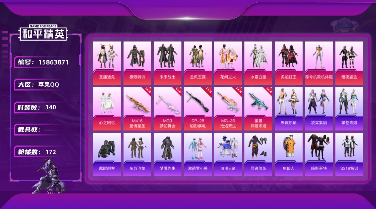 和平精英账号苹果QQ[15863871]"苹果Q-可二次 Ss35战神框 满级M416-至情至圣 (9级) AKM-百万伏特 浪漫天命 暗影哥特 2稀有10粉装5特效枪14热门140套装172枪皮 53157热力值 12