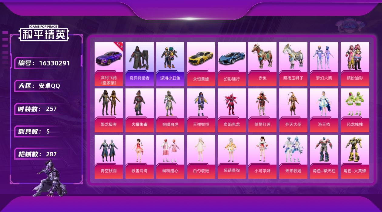 和平精英账号安卓QQ[16330291]【特价出售/店主推荐】安卓 手Q-30粉装-8特效枪-5载具-10粉色飞行器-117885热力值-15王牌印记-257套装-287枪皮
【红色载具】：宾利飞驰（皇家紫）(三级)
【